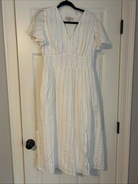 LOFT White Midi Dress with Gold Stripe Accents